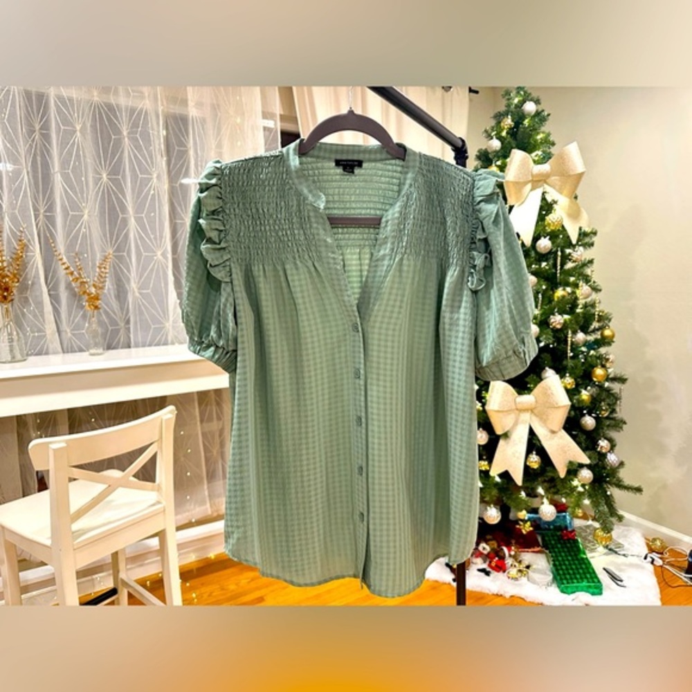 Ann Taylor Sage Serenity: Ruffled Sleeve Gingham Blouse with Smocked Detail